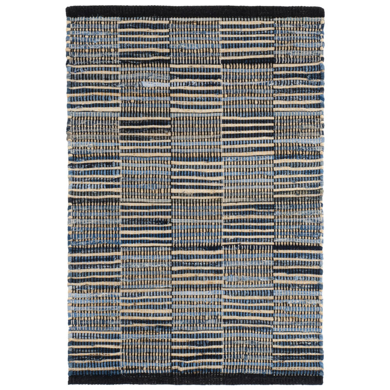 Denim Rag Gridwork Blue Handwoven Cotton Rug, Rectangle 8'6" x 11'6"