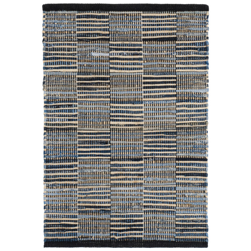 Denim Rag Gridwork Blue Handwoven Cotton Rug, Rectangle 3' x 5'