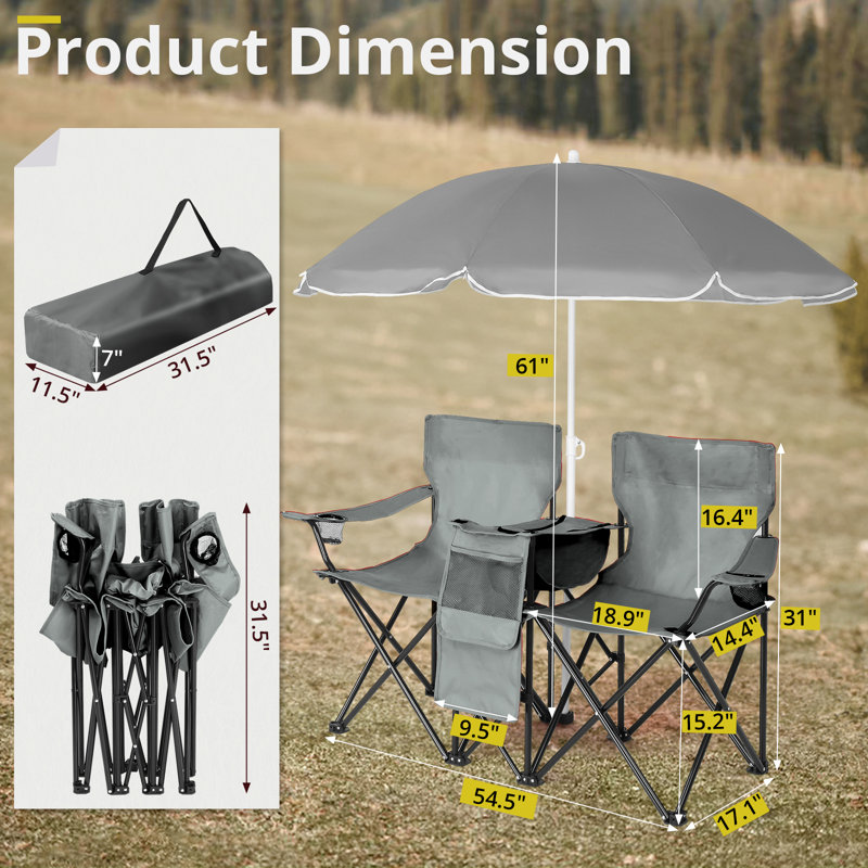 Portable Two Person Fishing Chair With Removable Umbrella, Gray
