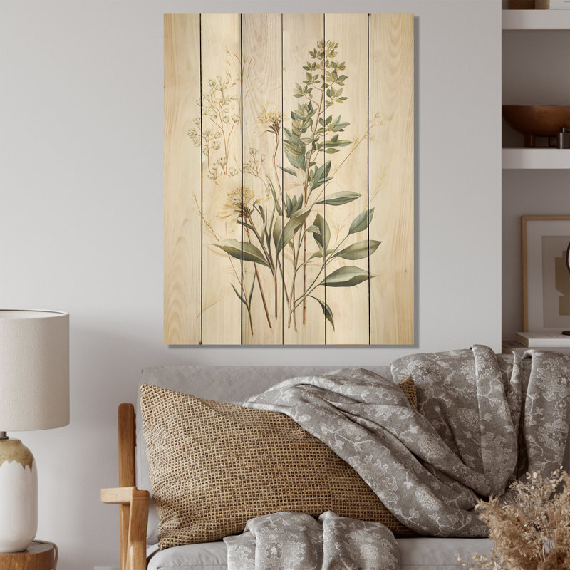 Green Herbs Minimal Harmony - Herbes, art mural sur bois de pin naturel, H 40 po x l 30 po