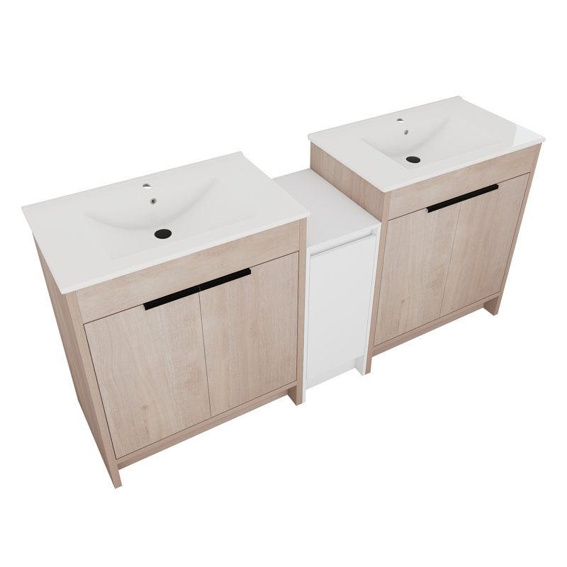 De meuble-lavabo double autoportant en céramique avec deux unités de rangement et un système de porte à fermeture en douceur