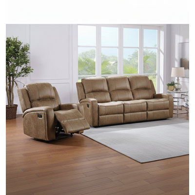 Modern 2pc Living Room Set 1x Sofa 1x Recliner Horizontal And Light Vertical Tufting Cushion Backrest Square Armrest Chestnut Finish Primary Living Room Furniture