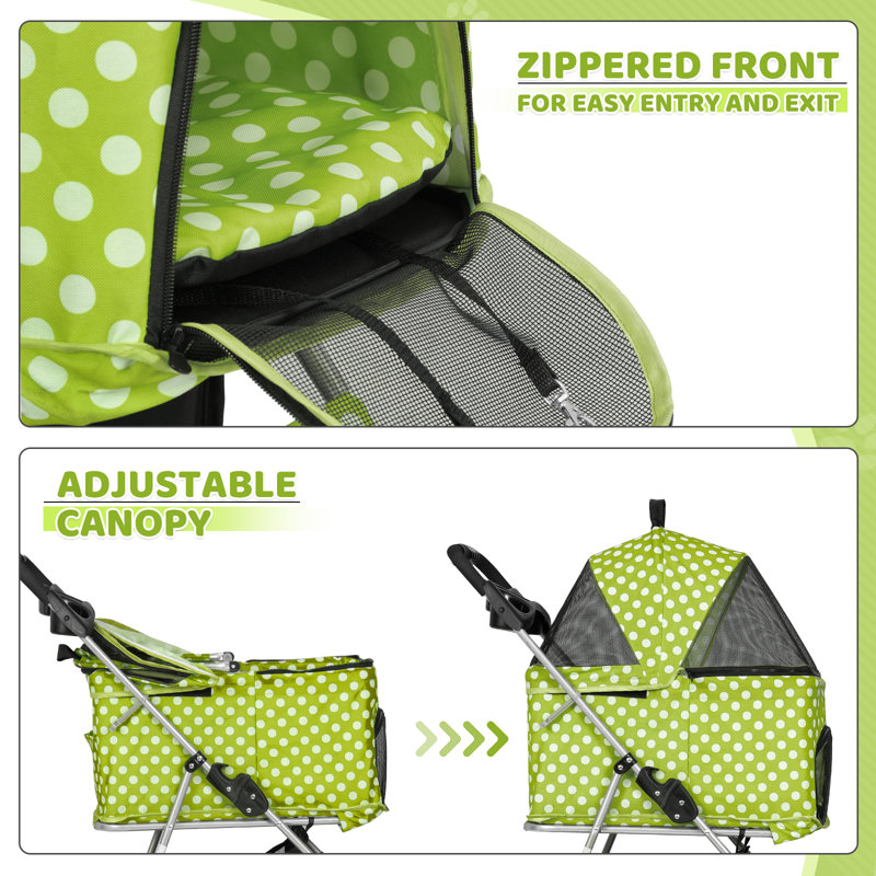 Lawn Green Polka Dot 3-in-1 Foldable Pet Stroller with Steel Frame