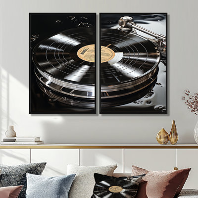 Vinyl Record Reflection - Black Art Prints On Canvas 2-Panels
