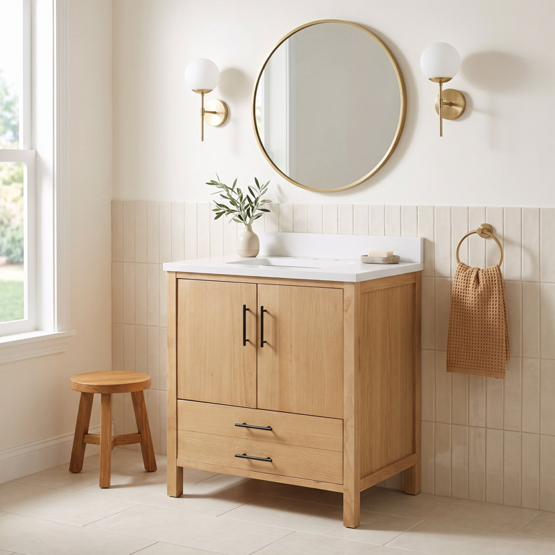 Kiara 30'' Single Bathroom Vanity with Top, White Quartz, Blonde Veneer