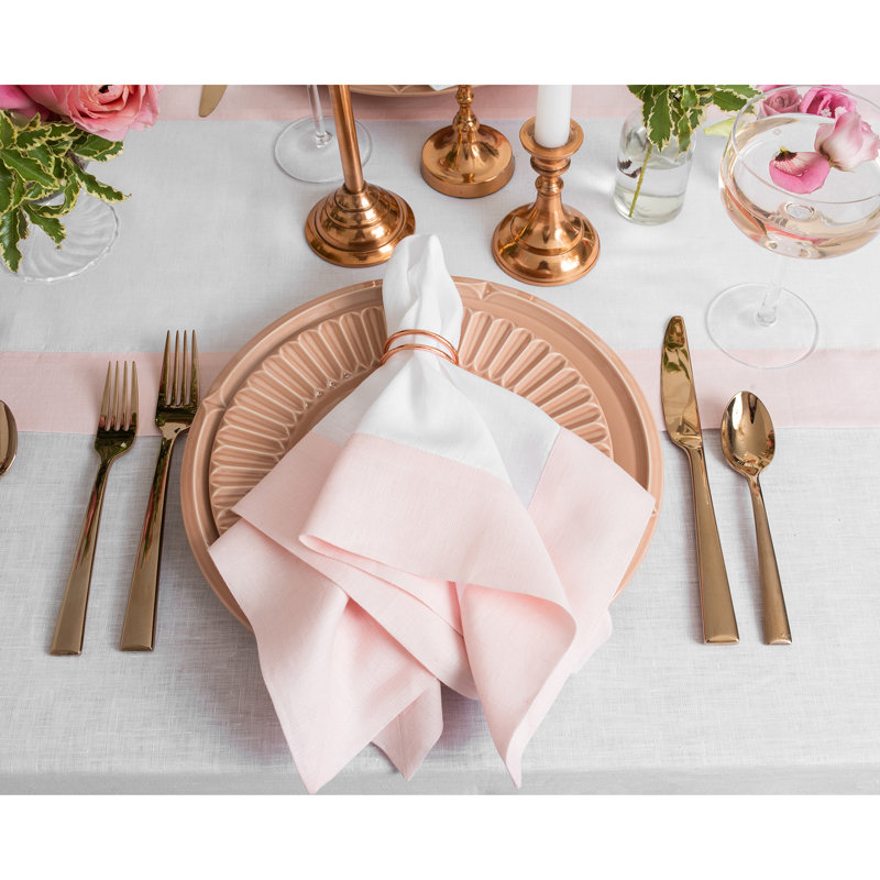 Contempo - 100% Pure Linen Dinner Napkins, Blush Pink/White