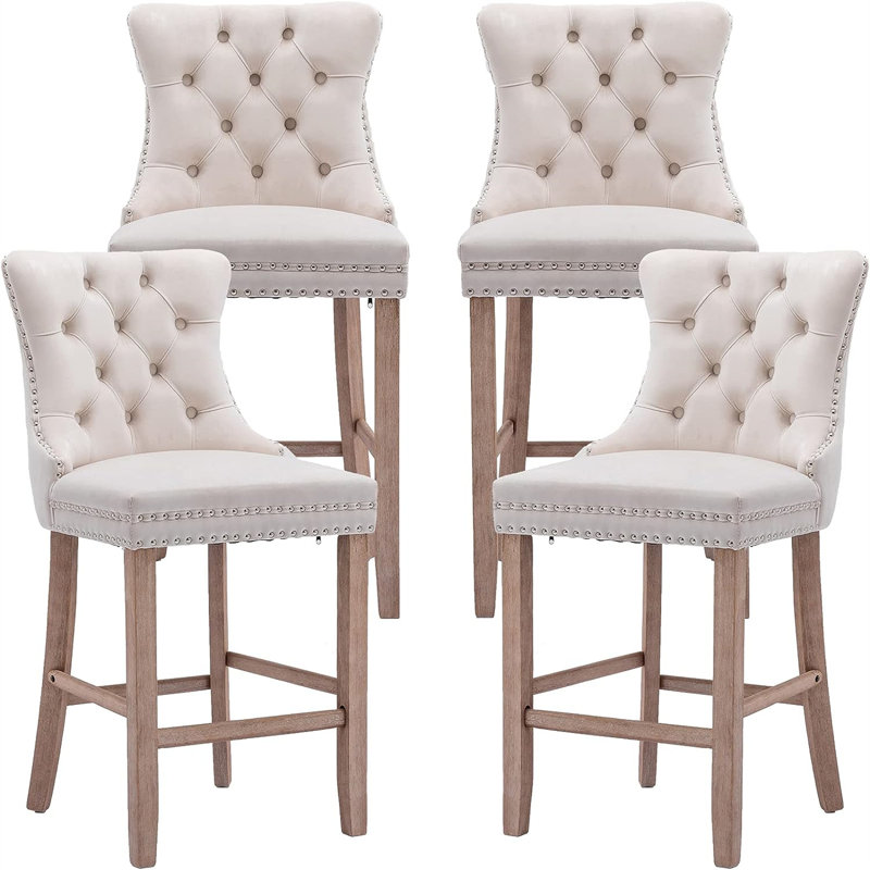 Jericha Upholstered Counter Stool with Solid Wood Frame, Nostalgic, Beige