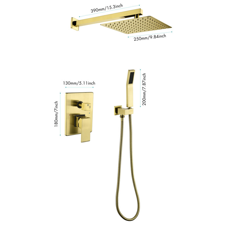 Brushed Gold Shower System Featuring 10 Inches Rain Head And Handheld. Wall Mounted High Dual . Bathroom Faucet With Valve Trim. Self-cleaning Nozzle. Compatible American Standard Pipe Connections.