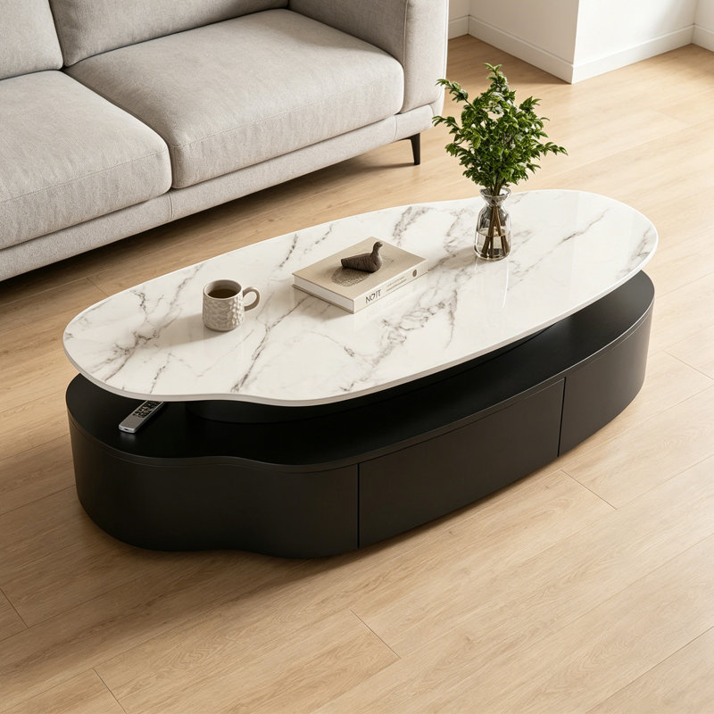 Table basse moderne et simple, 13.18" H x 47.24" L x 23.62" W, White/Gray/Black, Marble
