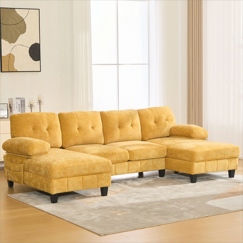 Canapé modulaire en U en chenille de 103,5 po avec double méridienne, poches de rangement et coussins d'accoudoirs pour le salon, jaune
