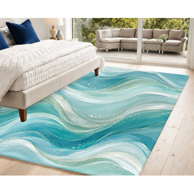 Tapis à motif abstrait de vagues océaniques, tourbillons bleus, verts et dorés, style artistique, antidérapant, idéal pour le salon, la chambre, l'entrée, la cuisine, le balcon ou un appartement.