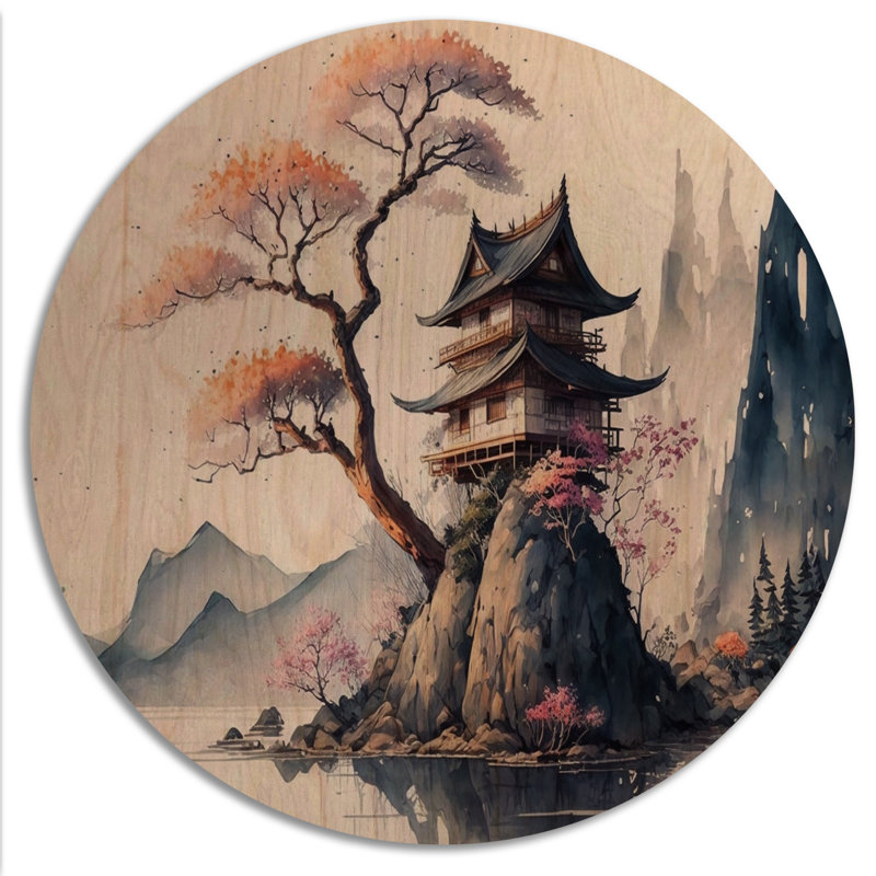 Aquarelle paysage japonais II - Art mural moderne en bois - Bois de pin naturel, L 16 po x H 16 po