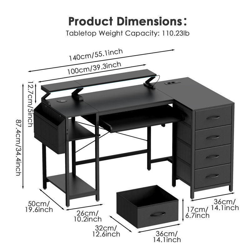 Bureau d'ordinateur en L avec 4 tiroirs en tissu, plateau à clavier et éclairage à DEL, Noir, noir, noir, noir