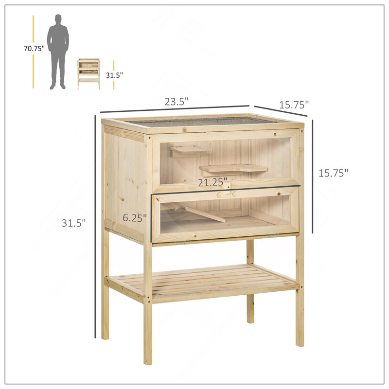 Cage à hamster en bois à 3 niveaux avec plateau ouvrant, porte avant et tablette de rangement pour petits animaux, Naturel
