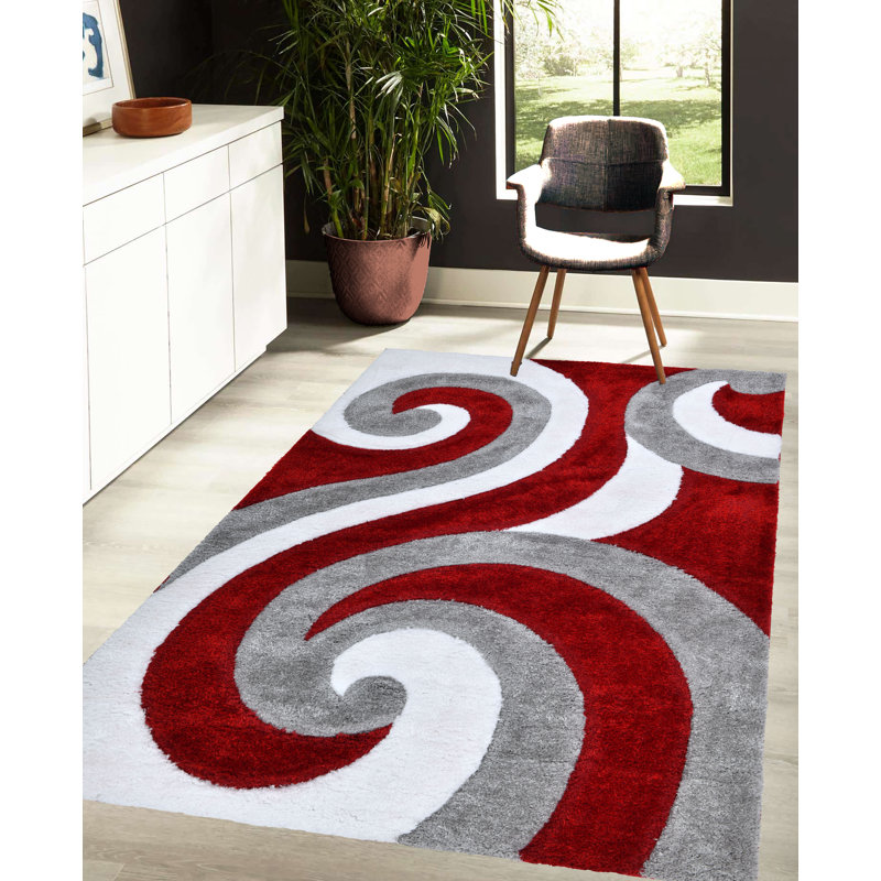 Tapis géométrique moderne RugGuy - Motifs tourbillonnants rouges et noirs - pour salon et salle à manger - 160 x 220 cm, ne peluche pas, facile à nettoyer