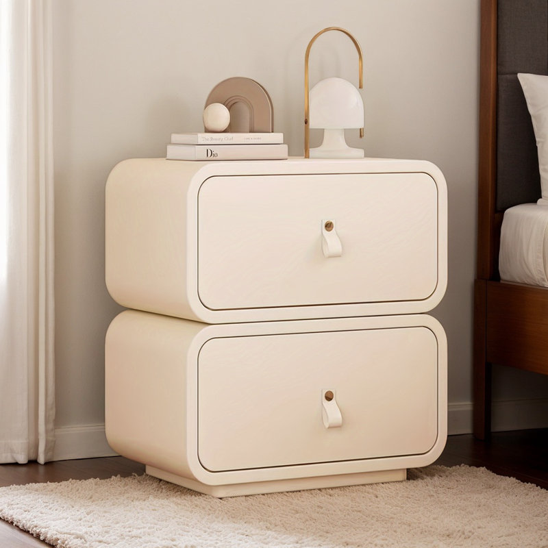 19”H Cream Champagne Leather Nightstand, French Inspired 2-Drawer End Table, Solid Wood & Quiet-Close, 1