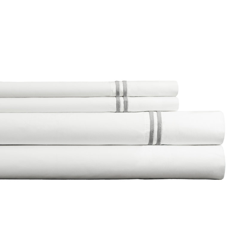 Pointehaven 300 TC Percale 100% Long Staple Cotton Double Satin Stitch Oversized Sheet Set, White/Silver, King Sheet Set