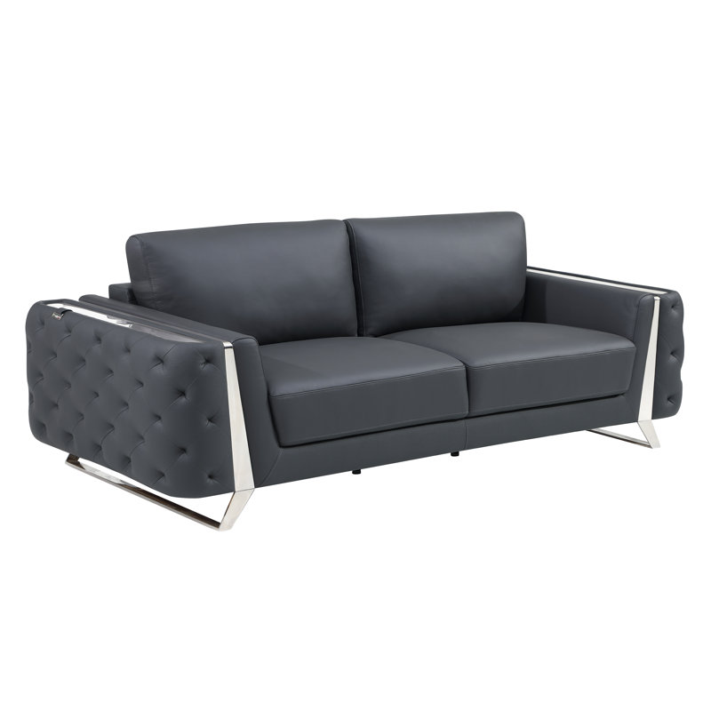 Anissa Genuine Italian Leather Sofa, Dark Gray, Chrome