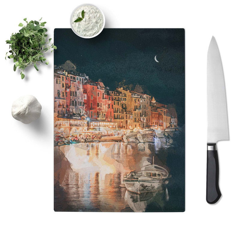 Tempered Glass Boat in an Italian Port in Abstract Chopping Board, 28.5cm W x 20cm L