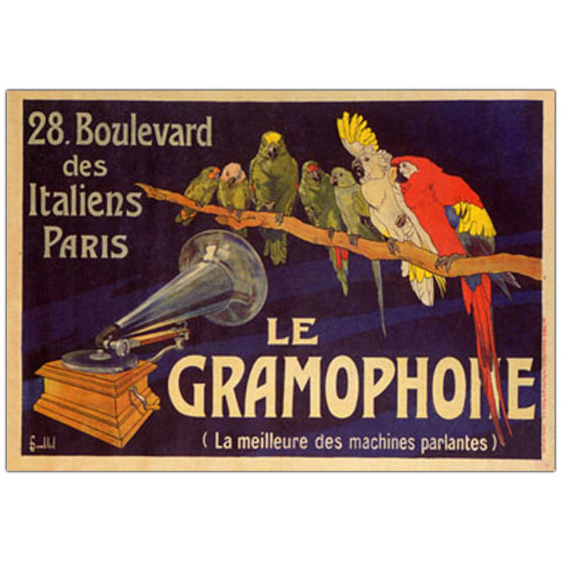 « le gramophone », affiche rétro sur toile, H 24 po x l 32 po x P 2 po