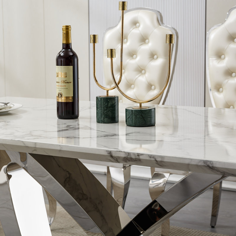 70" Faux Marble Dining Table Set for 8, with 8 Upholstered Chairs, Gray, Silver