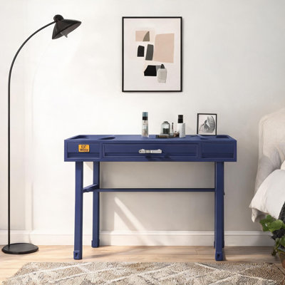 47-Inch Writing Desk with Recessed Panel Design, Rich Blue Metal Frame and Iron Top, One Drawer