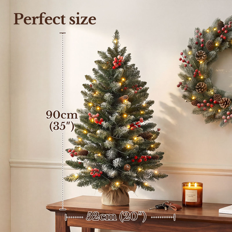 90cm / 3ft Tabletop Pre-lit Mini Christmas Tree with 8-Modes LED Lights, Pine Cones, Berries & Snow Flocked