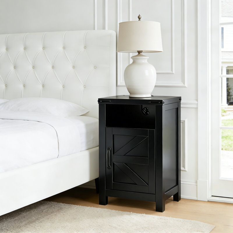 Farmhouse Night Stands With Charging Station, Set Of 2, Bedside Table With Barn Door, End Table With Open Storage For Bedroom