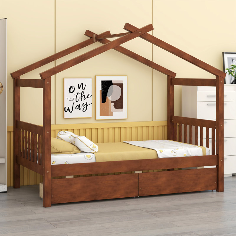 Wooden House Bed With Drawers, Walnut, Full / Double