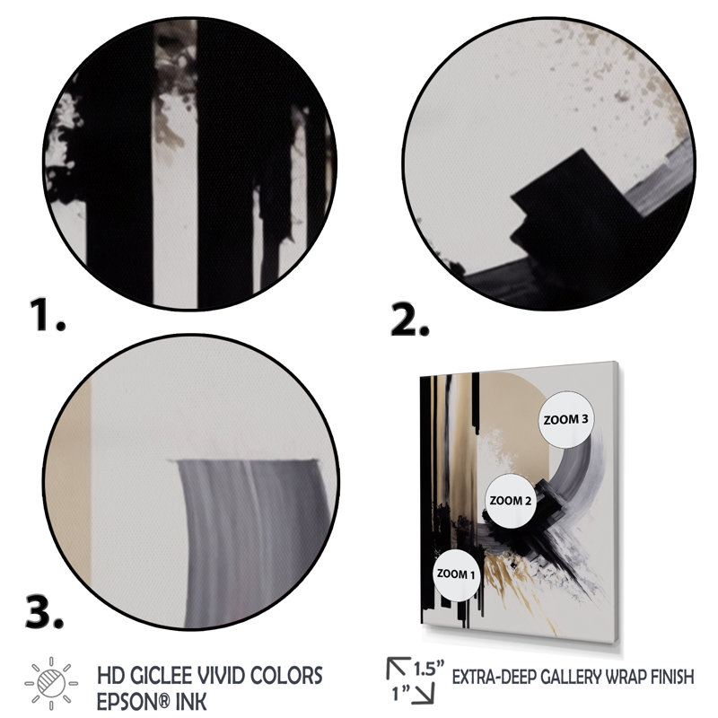 Noir, blanc et or Expression IV - art mural abstrait, H 20 po x l 12 po, Toile tendue, Sans cadre