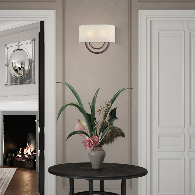 2 Light Soft Gold Large ADA Sconce With Hand Crafted Oatmeal Fabric Shade With White Fabric Inside