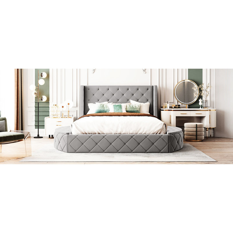 Grand lit avec rangement en velours rembourré, tête de lit à oreilles, 1 grand tiroir et 2 sièges de rangement latéraux et tabourets