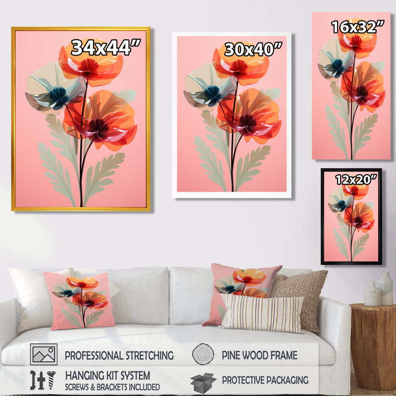Abstrait fleur de coquelicot rouge sur fond rétro rose - impression d'art mural coquelicot, H 44 po x l 34 po x P 1,5 po