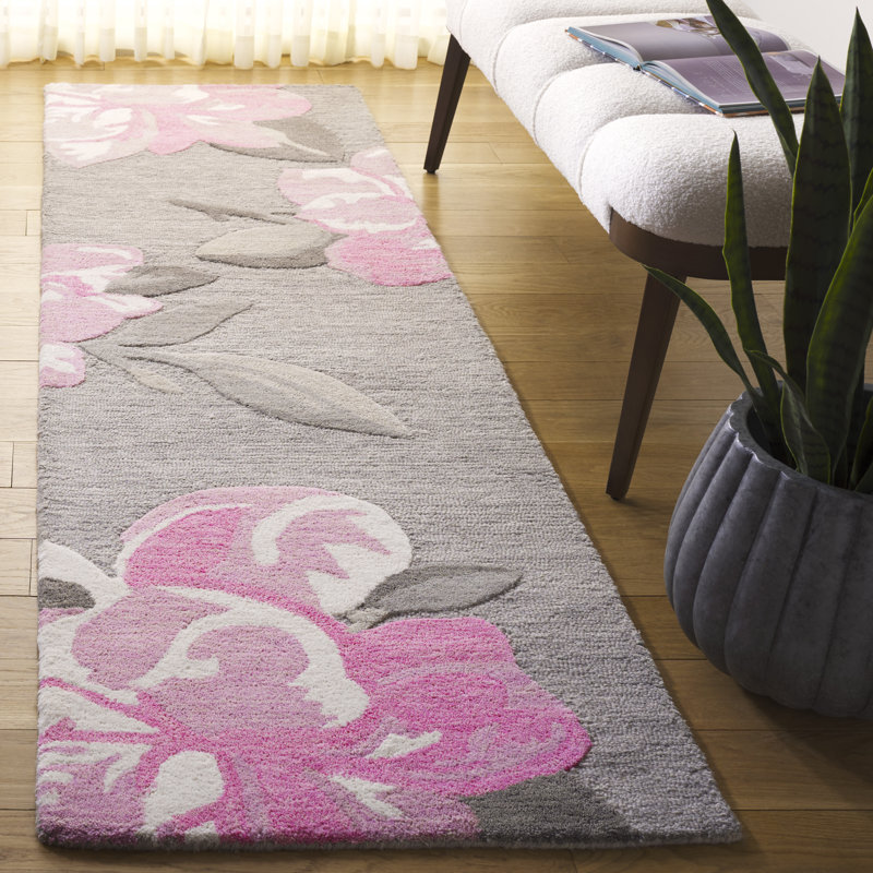 Jardin 403 Hand Tufted Wool/Cotton Floral Rug in Gray/Pink, Runner 2'3" x 8'
