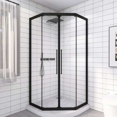 36" X 72" Diamond Shape Neo-Angle Shower Door, Black Framed Sliding Enclosure With 6mm Tempered Glass & Double Roller System, Base Not Included