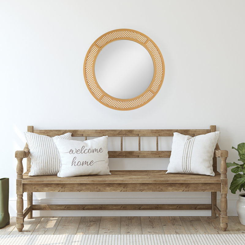 30" Round Rattan Weaved Wall Mirror with Glass