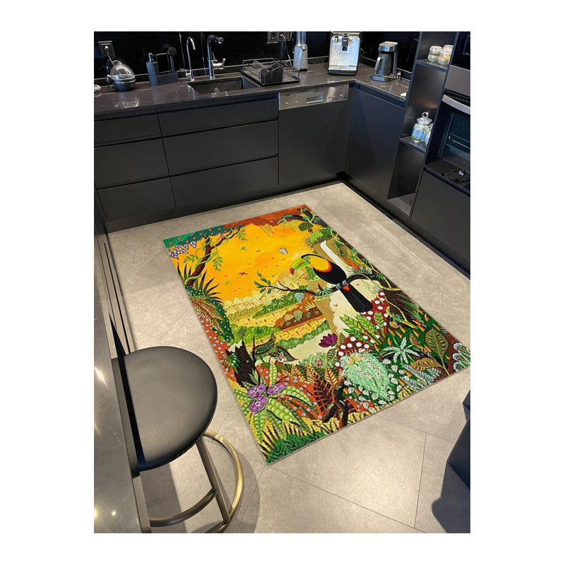 Tapis tissé avec motif perroquet et forêt, Rectangle 3 pi 4 po x 5 pi