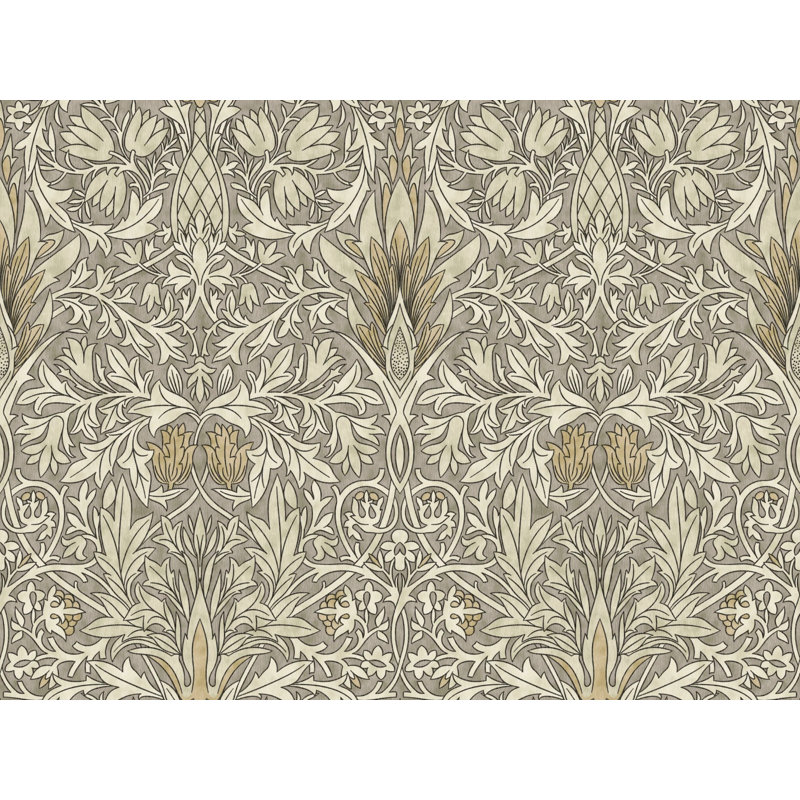 Papier peint damassé rétro floral crème, taupe et noir, Non tissé, non collé