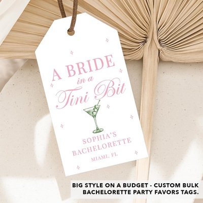 Custom A Bride In A Tini Bit Favor Tags, Pink Green Martini Bachelorette Party Labels, 20 Pack