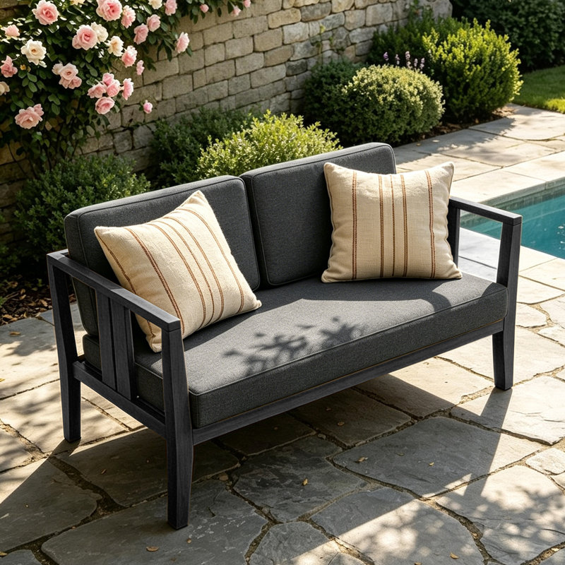 Causeuse d'extérieur en bois de teck avec coussin et accoudoirs Junco, Gris foncé, Noir