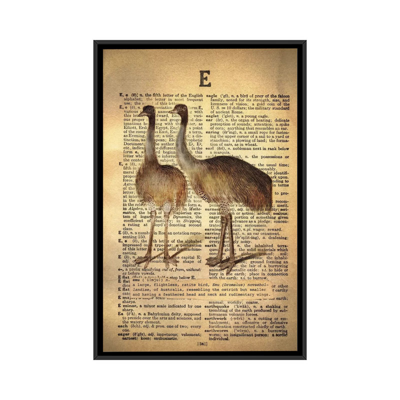 «E - Emu», impression sur toile tendue, H 26 po x l 18 po x P 1,5 po, Toile avec cadre flottant noir, Pas de tapis