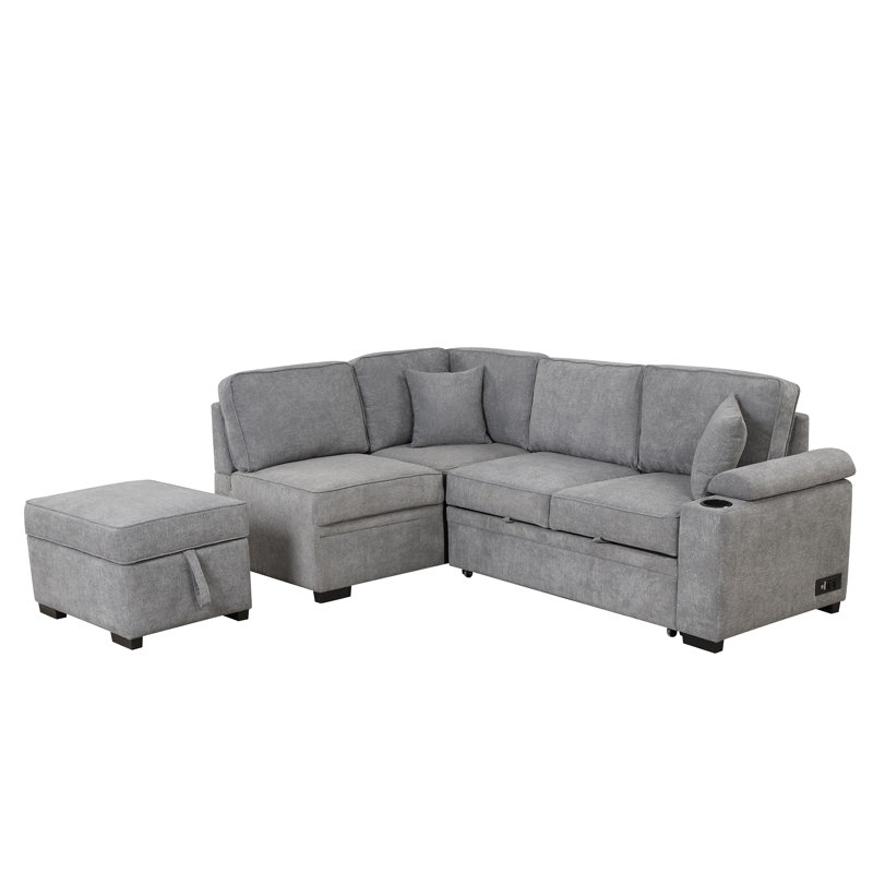 Canapé-lit 84,75 po avec repose-pieds de rangement pour le salon, Lin gris, Orienté à droite