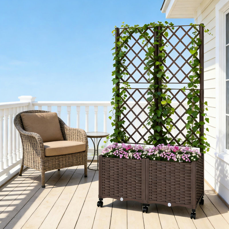 Boîte à fleurs mobile pour l'extérieur, avec treillis, support de croissance 2 en 1, fonction d'arrosage automatique, six roues à quatre freins, plastique PP aspect, volume de 22,5 gallons, boîte à fleurs brune élégante