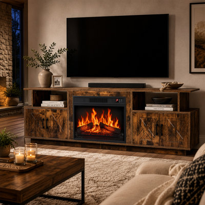 Meuble télé rustique brun de style ferme de 179 cm (70,47 po) pour téléviseurs de 81 à 198 cm (32 à 78 po), avec foyer électrique et 4 portes coulissantes de style grange avec éclairage LED.