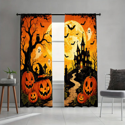 2 pièces de rideaux filtrant la lumière de la citrouille hantée Spooky, chauves-souris volantes et fantômes, décoration de fête énergique, style passe-tringle, rideaux toutes saisons pour le salon, la chambre à coucher