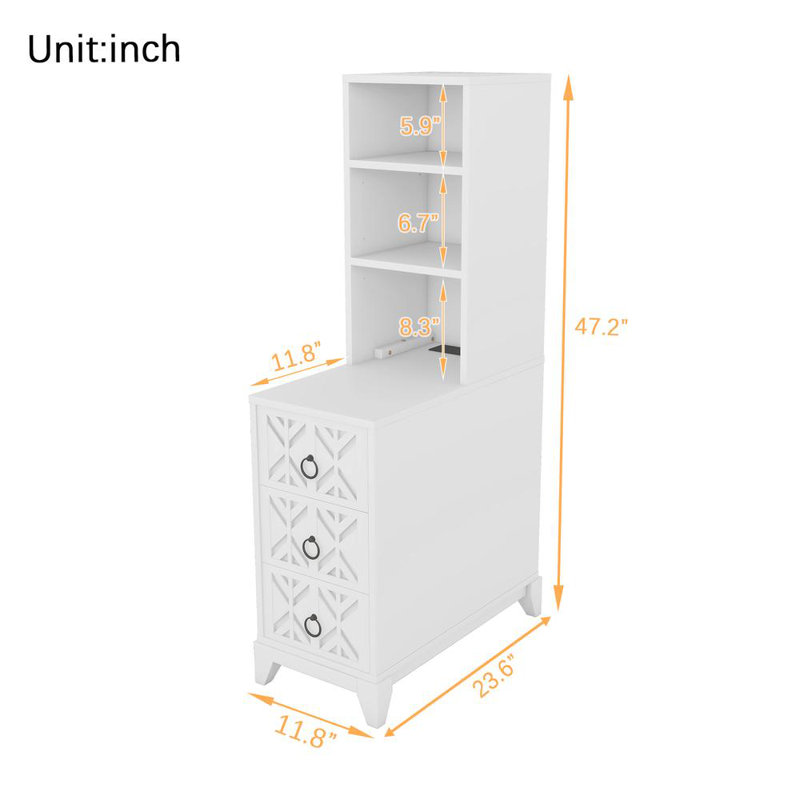 End Table with 3 Drawers, Charging Station and 2 Open Shelves – Tall Side Table for Bedroom and Corner