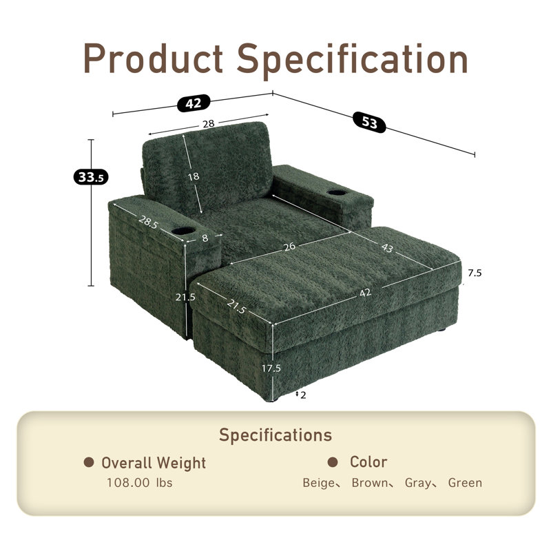 Chaise longue d'intérieur de 42 po de largeur avec repose-pieds et porte-gobelets, Vert