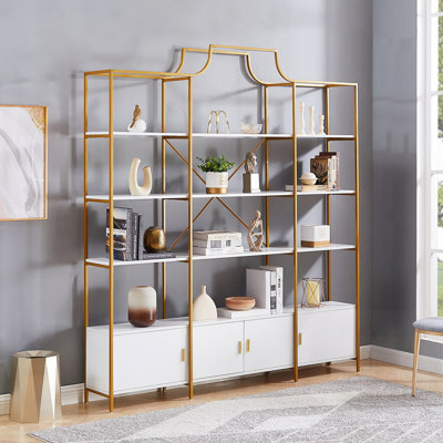 Bibliothèque de bureau à 4 niveaux, armoire de rangement avec tablette de présentation, cadre doré à barre en X pour un décor moderne