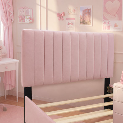 Twin Size Velvet Upholstered Platform Bed Frame with Pull‑Out Twin Trundle Bed, Pink Finish, No Box Spring Needed, Space‑Saving Sleepover Bedroom Furniture