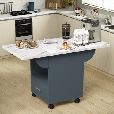 Rabehi Dining Table With 4 Wheels, Storage Rack, 1 Drawer And Marble Texture Tabletop